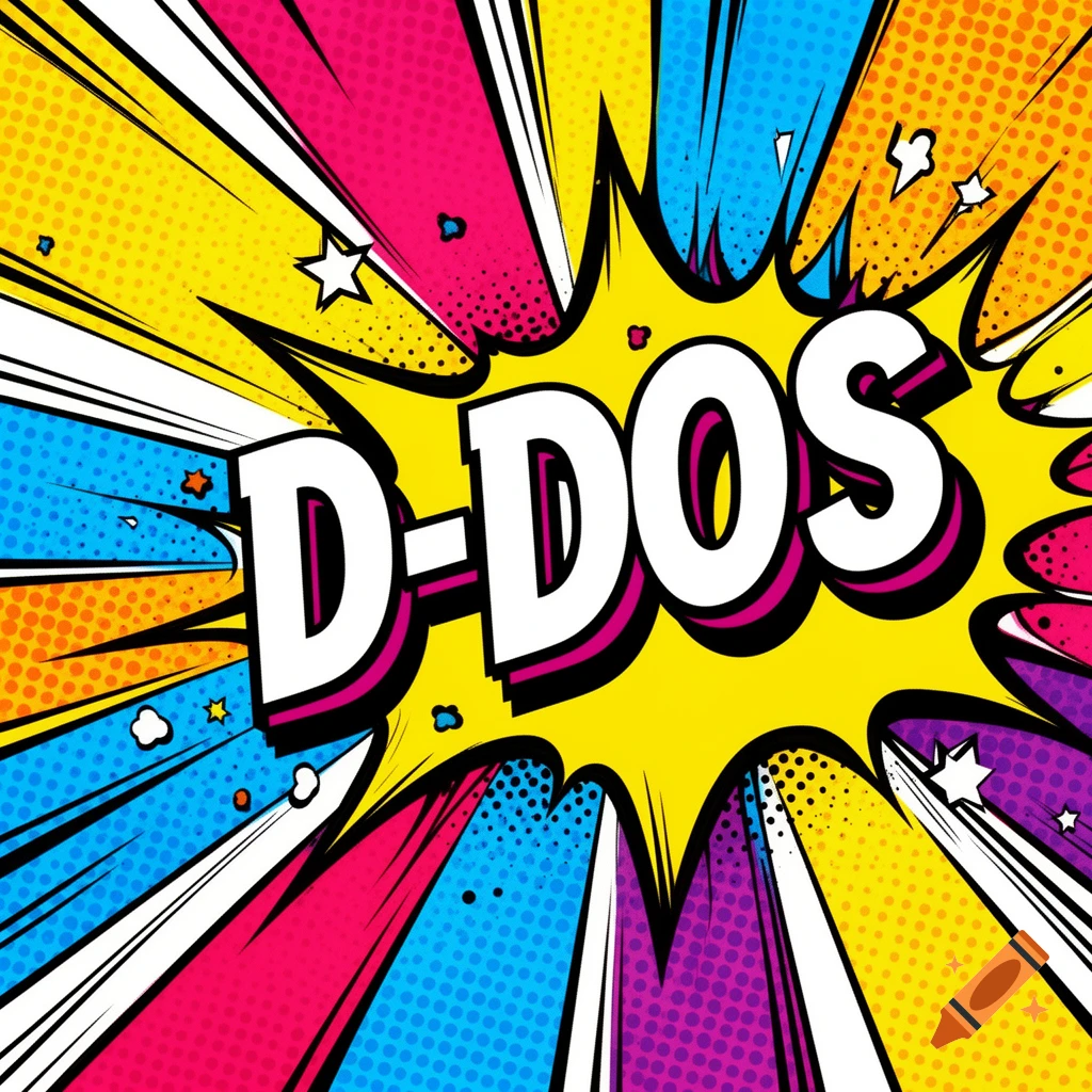 Pop art comic explosion with D-DOS text in a yellow speech bubble.