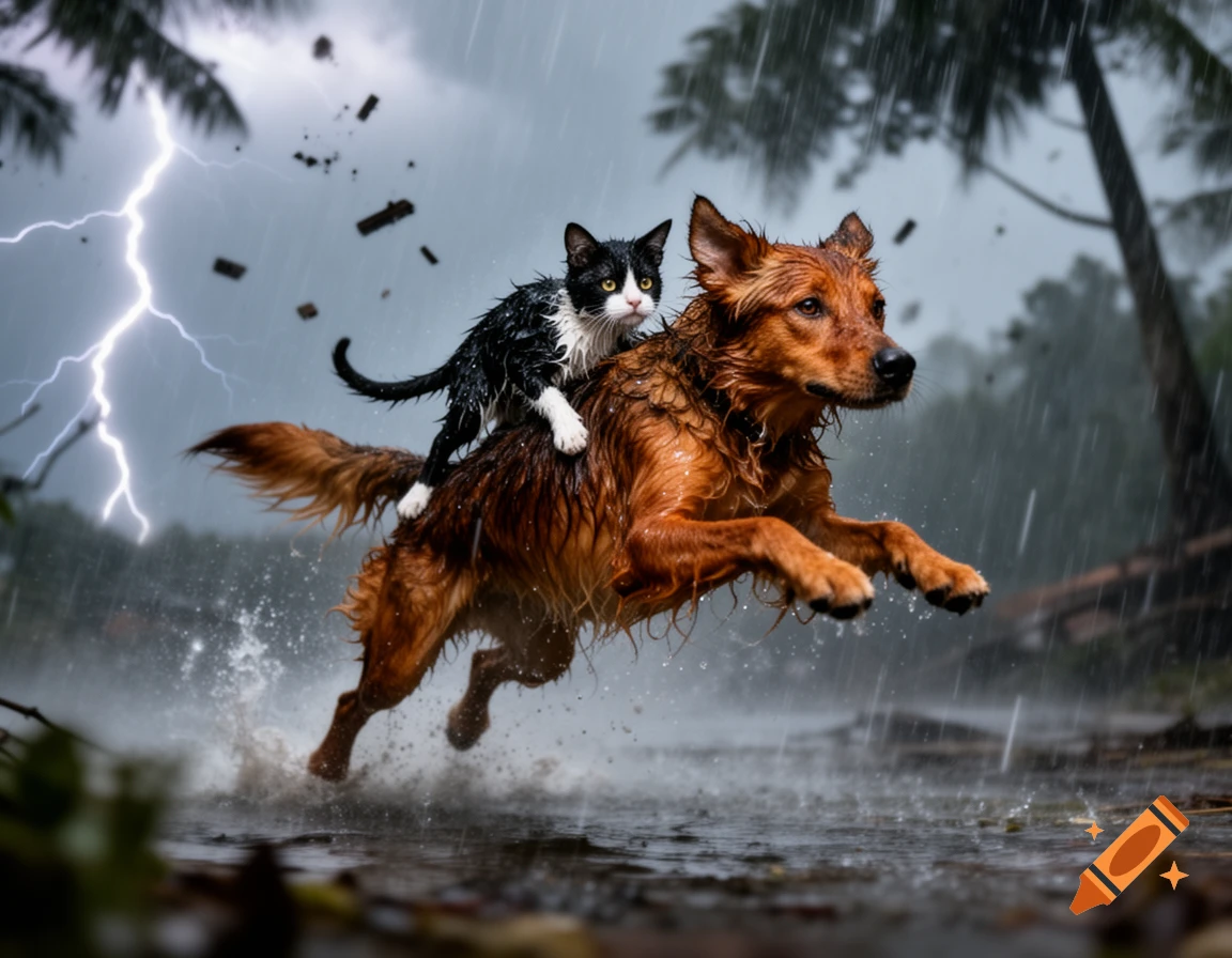 A wet brown dog carries a black and white cat on its back, leaping through water during a photorealistic rainstorm with lightning.