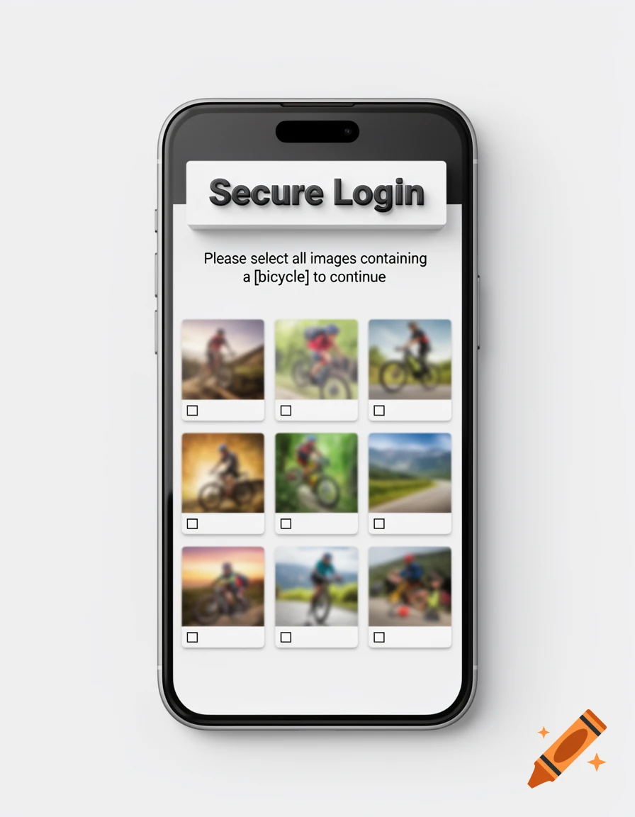 A smartphone displaying a 'Secure Login' CAPTCHA with a grid of blurred bicycle images to select from.