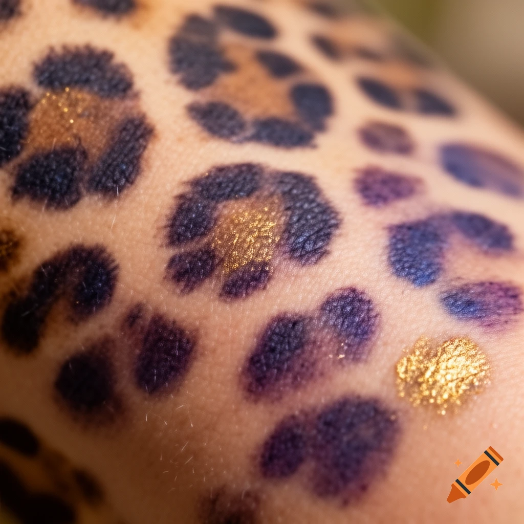 Close-up of skin with dark purple and golden glitter leopard spots, simulating bruises, against a blurred background.