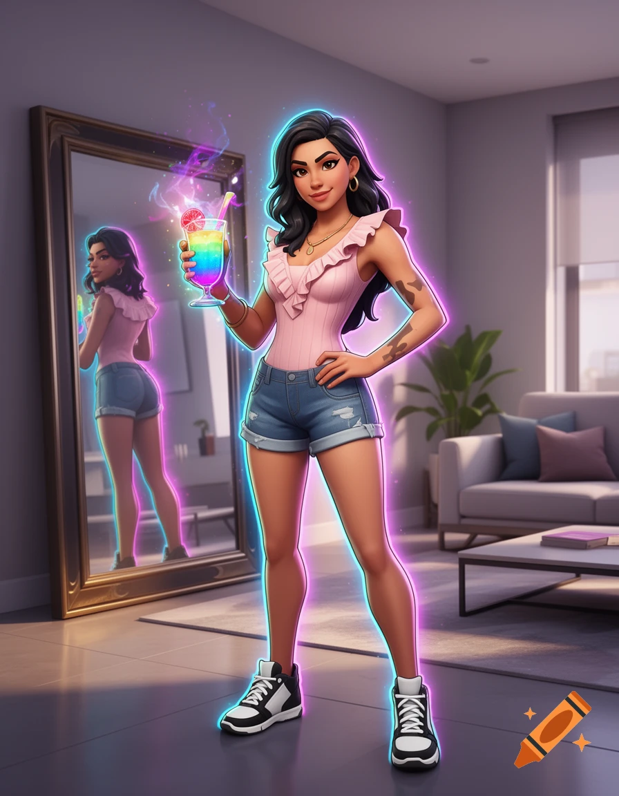 Fortnite-style female character in pink top and denim shorts, holding a glowing rainbow drink, standing in a modern room with a mirror.