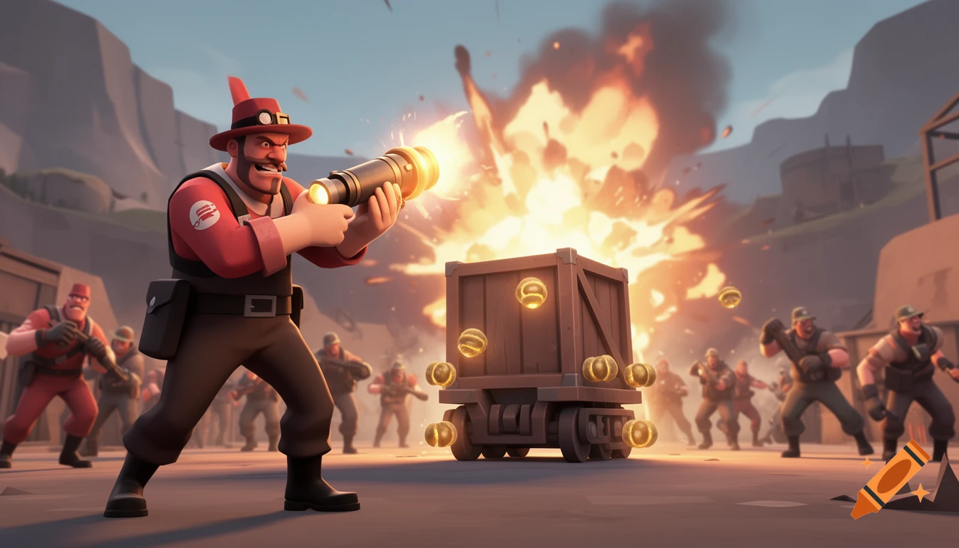 A stylized Team Fortress 2 Demoman aims a sticky launcher with glowing sticky bombs near a payload cart exploding, as enemies rush in the background.
