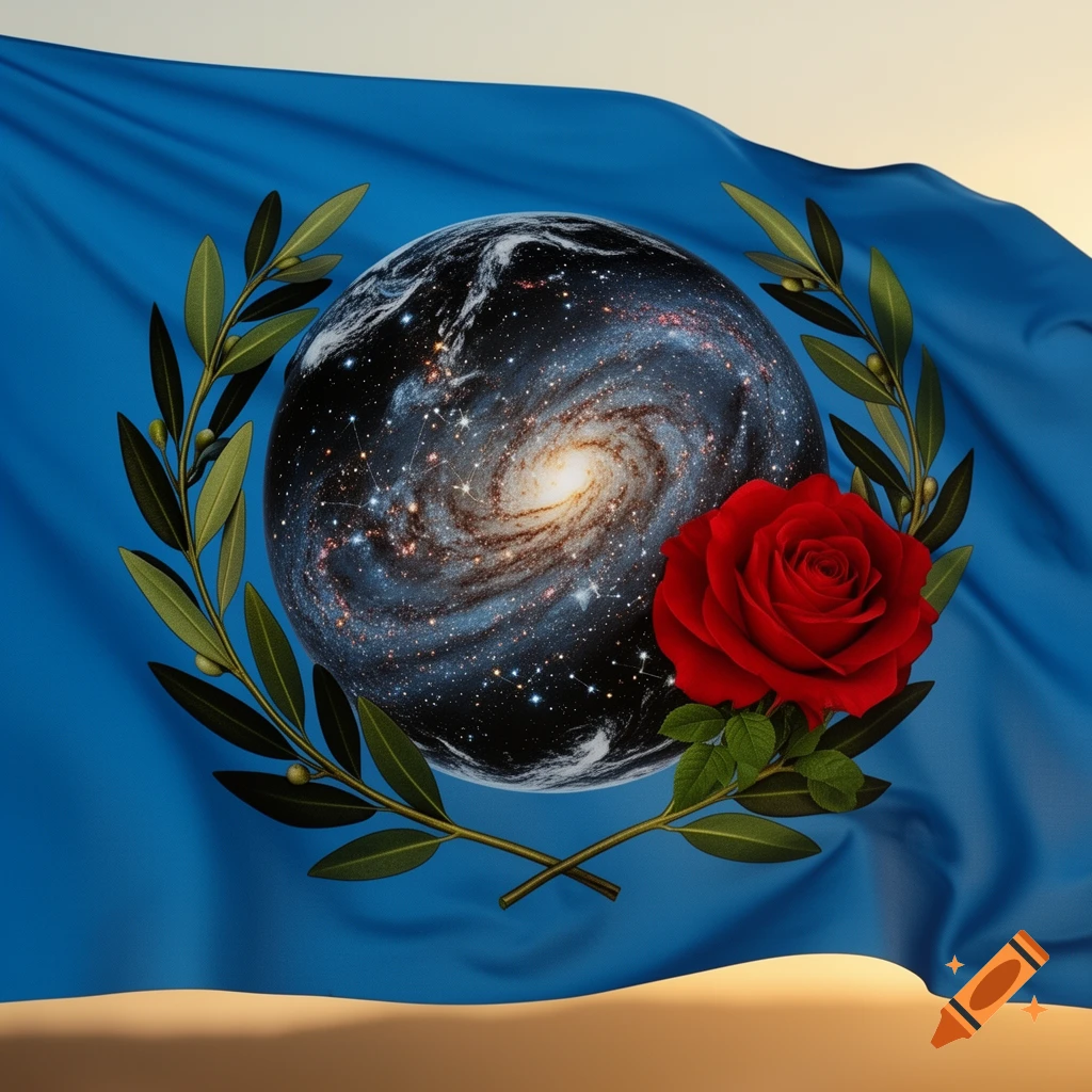 A photorealistic blue flag features a central emblem of a galaxy globe, framed by olive branches and accented by a vibrant red rose.