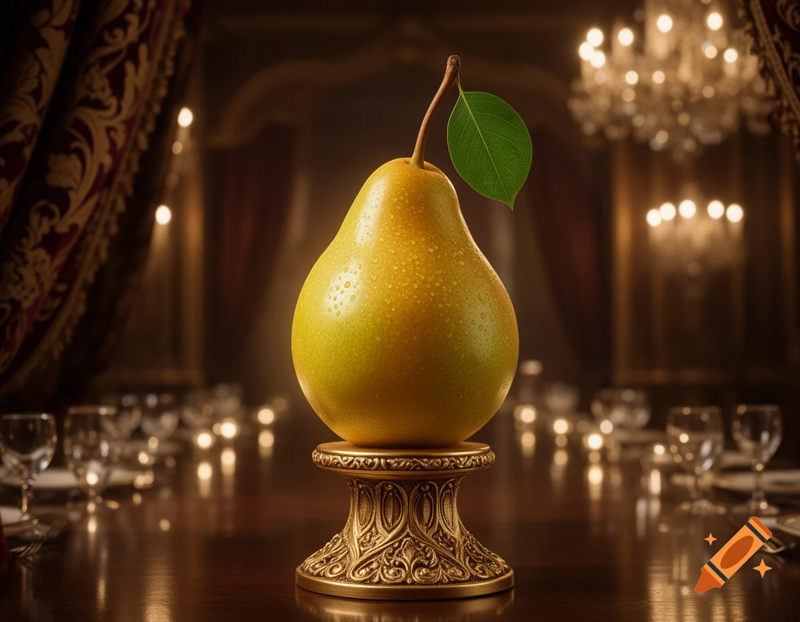A photorealistic ripe pear with a leaf and water droplets, standing on a golden pedestal in a luxurious royal room.