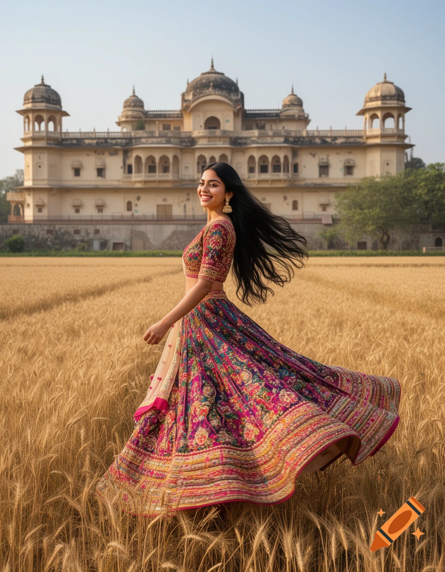 Smiling Indian woman in a colorful lehenga runs through a golden wheat field with a grand palace in the background.