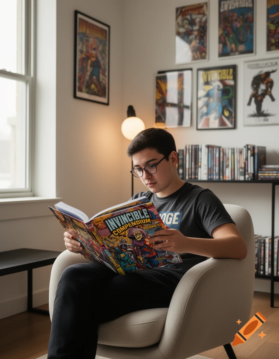 A young man with glasses sits in a chair, engrossed in reading an "Invincible Compendium Volume 1" comic book, surrounded by comic book posters and a bookshelf.