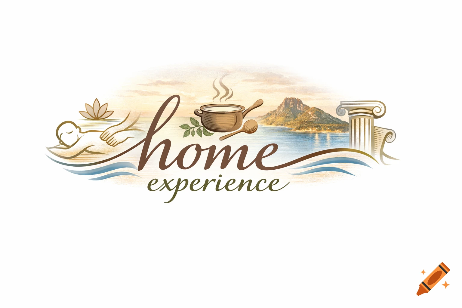 An illustrated logo for 'home experience' featuring massage, cooking pot, classical column, and a seascape with a mountain.