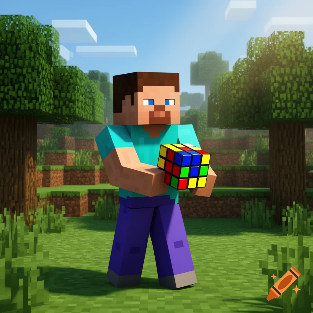 Minecraft Steve holds a colorful Rubik's Cube in a blocky green landscape with trees.