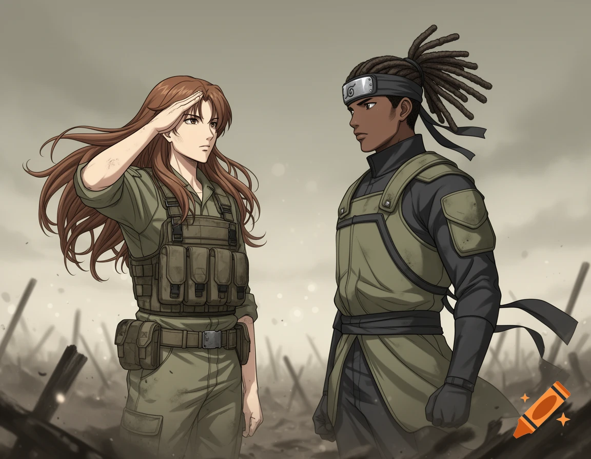 Manga style drawing of two soldiers in a desolate field. A brown-haired Caucasian woman in military fatigues salutes a dark-skinned man with dreadlocks in ninja-style fatigues.