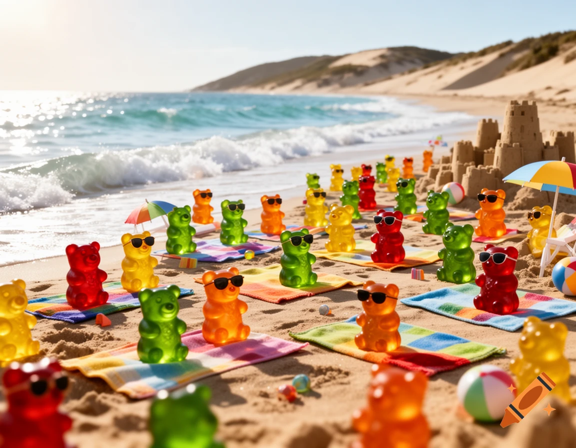 Colorful gummy bears with sunglasses relaxing on towels on a sunny beach, with sandcastles and ocean waves in the background.