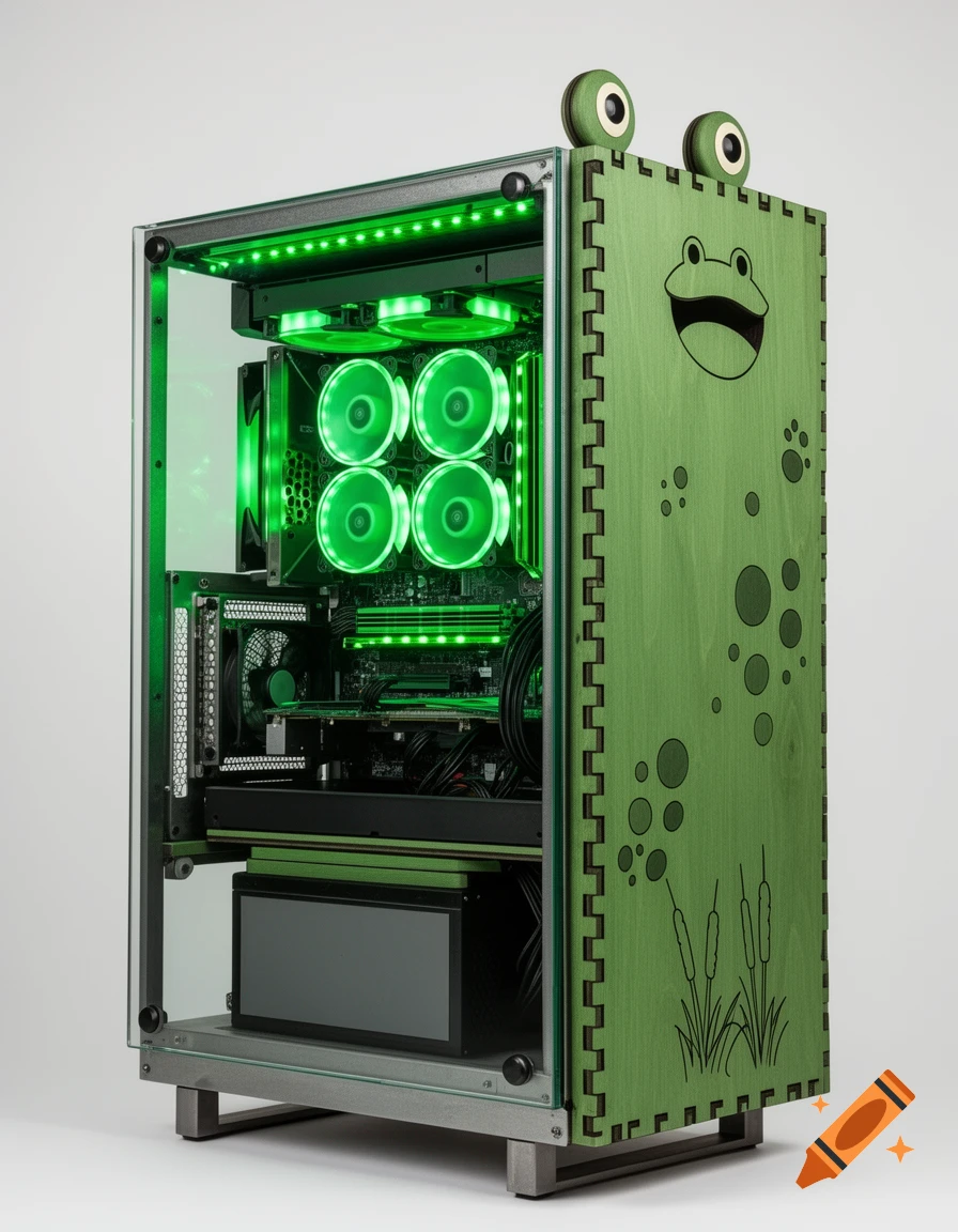 A custom green computer case with a frog theme, featuring frog eyes on top, a frog mouth drawing, and spots on the wooden side panel. The glass side panel reveals internal components illuminated by green LED lights.