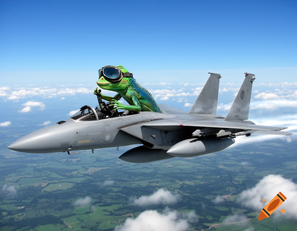A green and blue lizard wearing goggles pilots a grey F-15 fighter jet above a green landscape with scattered clouds.