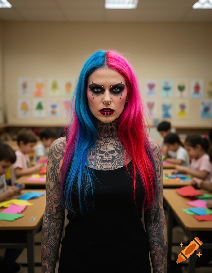 Photorealistic portrait of a woman with blue and pink hair, dark makeup, piercings, and tattoos, standing in a classroom.