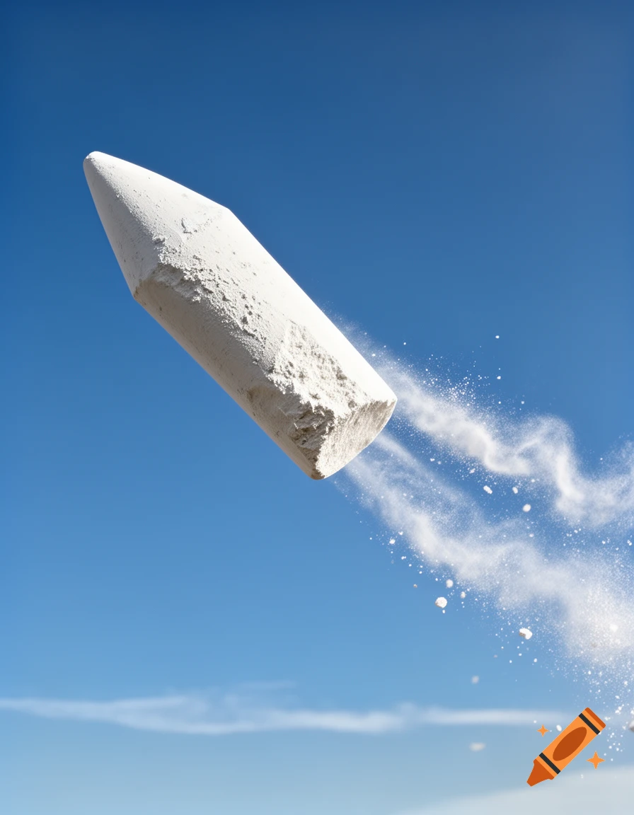 A large piece of white chalk, shaped like a missile, flies through a clear blue sky, leaving a powdery white trail.