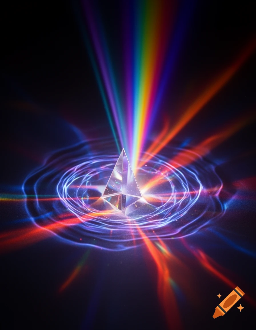A transparent prism disperses vibrant rainbow light upwards and emits glowing, swirling energy rings onto a dark surface.