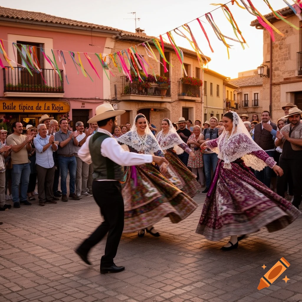 People in traditional attire dancing in a festive town square with colorful ribbons and spectators.