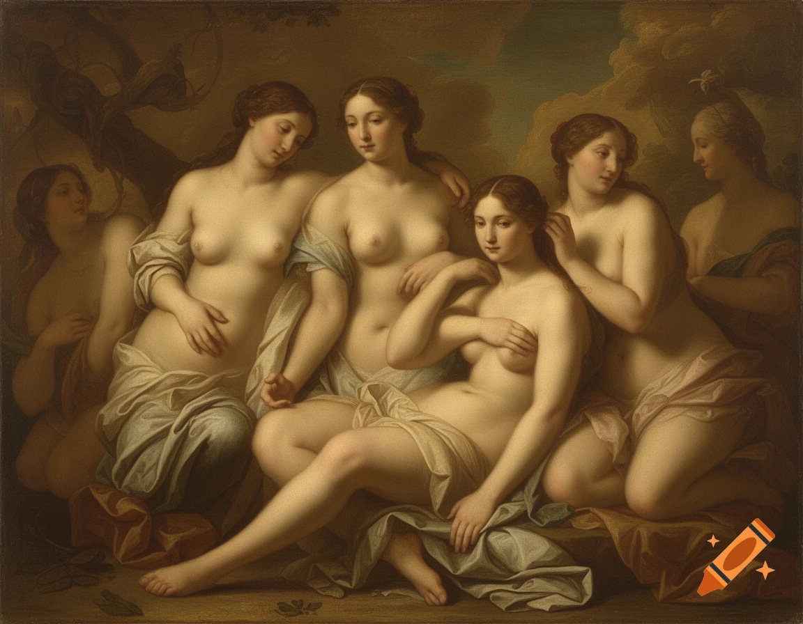 A classical oil painting depicting several gracefully posed nude female figures, partially draped, in warm tones.