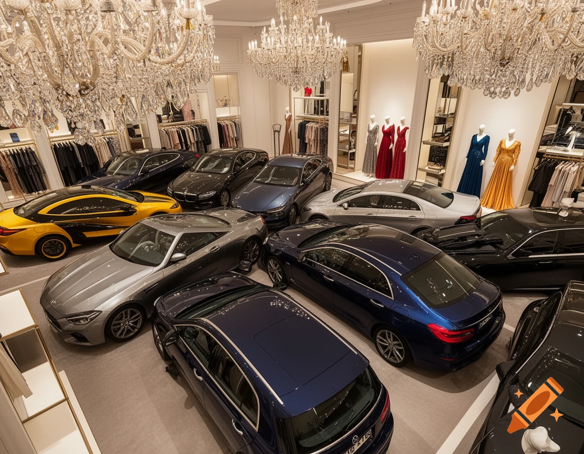 High-angle shot of numerous luxury cars packed tightly inside an opulent clothing store with chandeliers and mannequins in gowns.