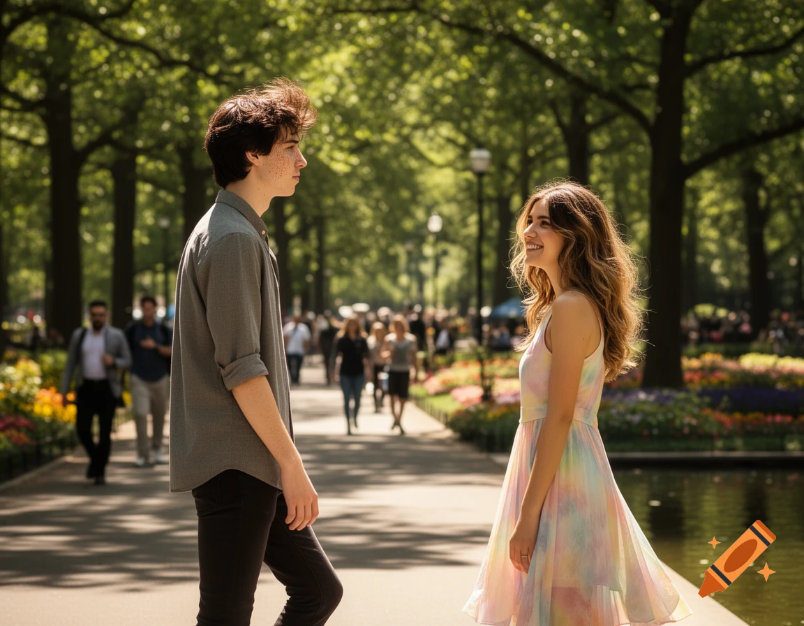 A young man and woman smile at each other in a sunlit park with trees ...