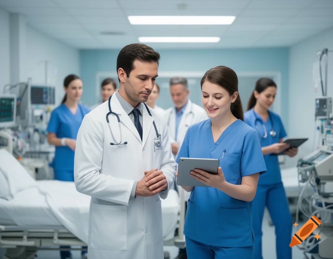 A male doctor and female nurse in scrubs and lab coat look at a tablet in a hospital with other staff.