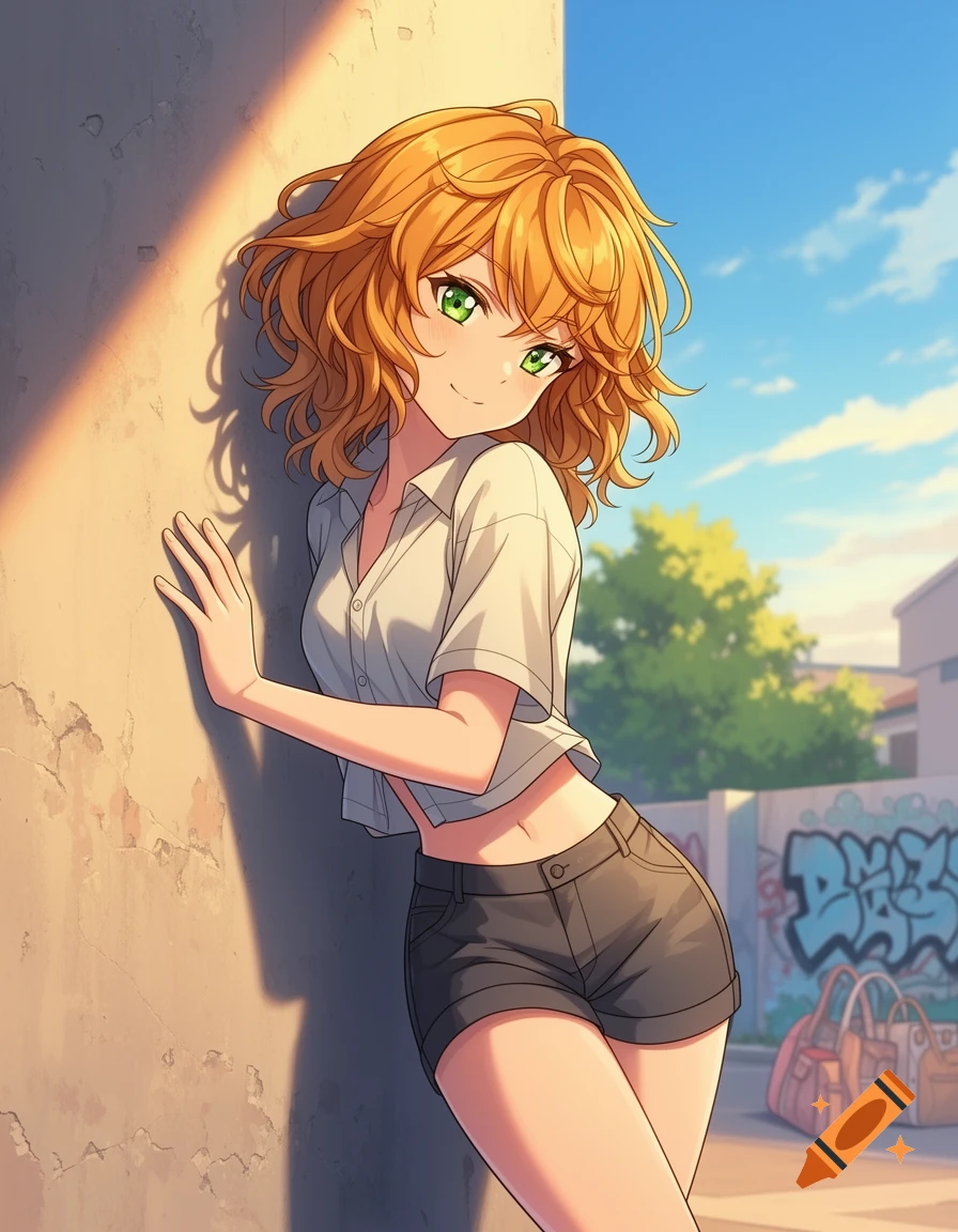 Anime girl with orange curly hair and green eyes, wearing a white crop top and dark shorts, leaning against a sunlit urban wall with graffiti.