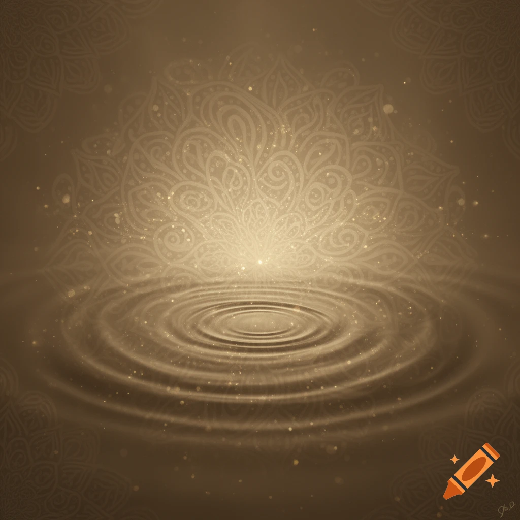 Sepia-toned abstract image featuring water ripples and glowing, intricate mandala-like patterns in the background.