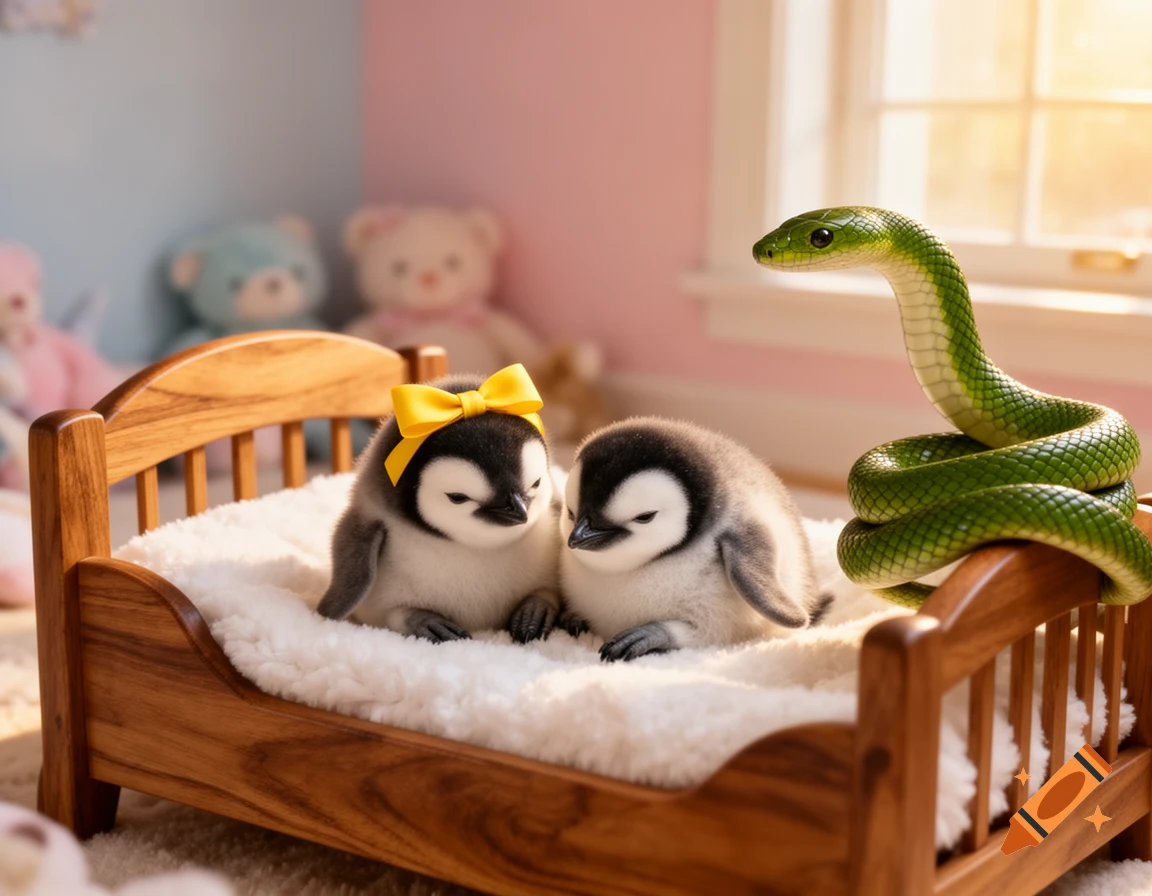 Two fluffy baby penguins, one with a yellow bow, lie in a tiny wooden bed as a green snake coils nearby, in a sunlit room.
