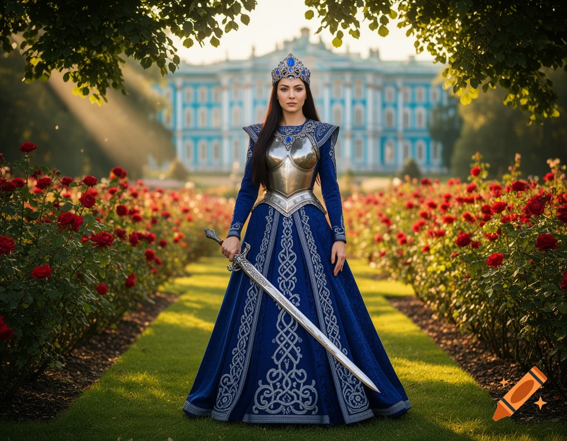 A beautiful woman in a blue gown and silver armor holds a sword in a rose garden with a grand palace in the background.