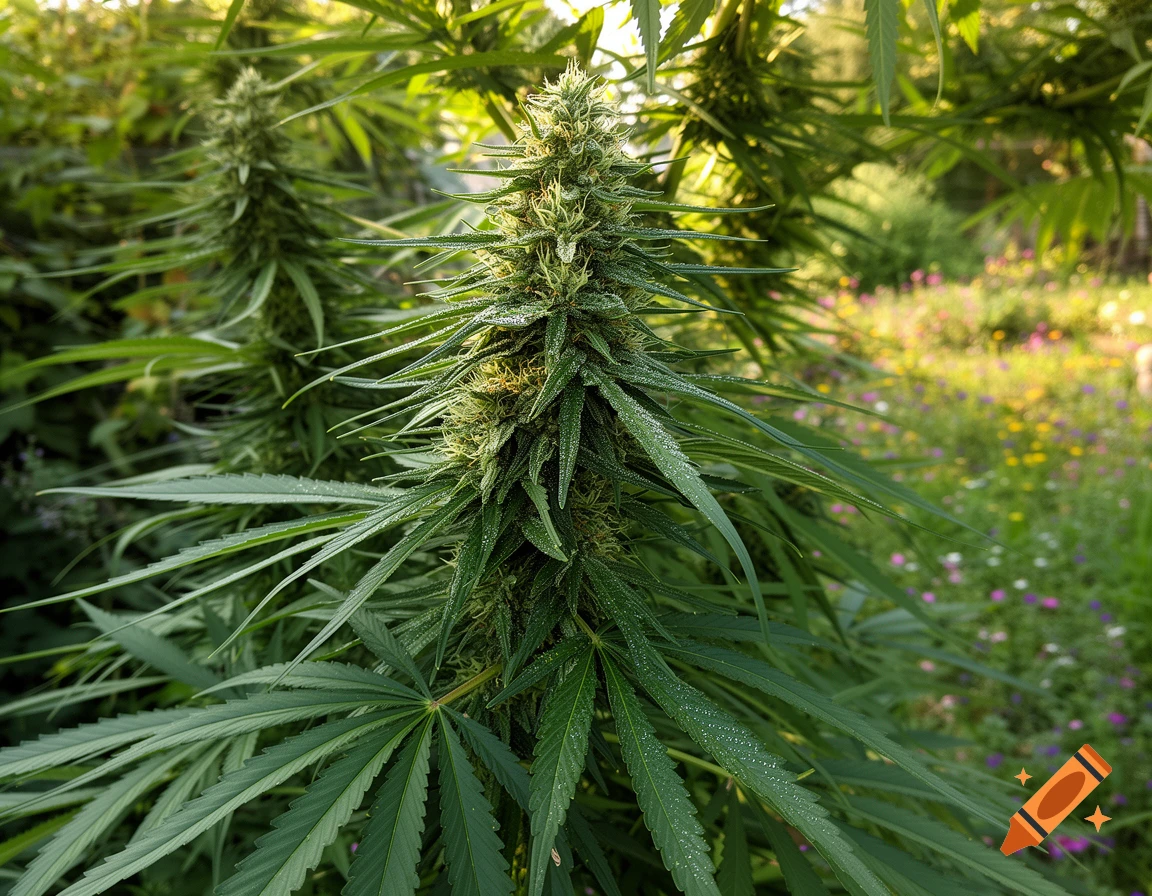 Close-up photorealistic image of a cannabis plant with developed buds and dew drops on its leaves, set outdoors with a blurred background of greenery and wildflowers.