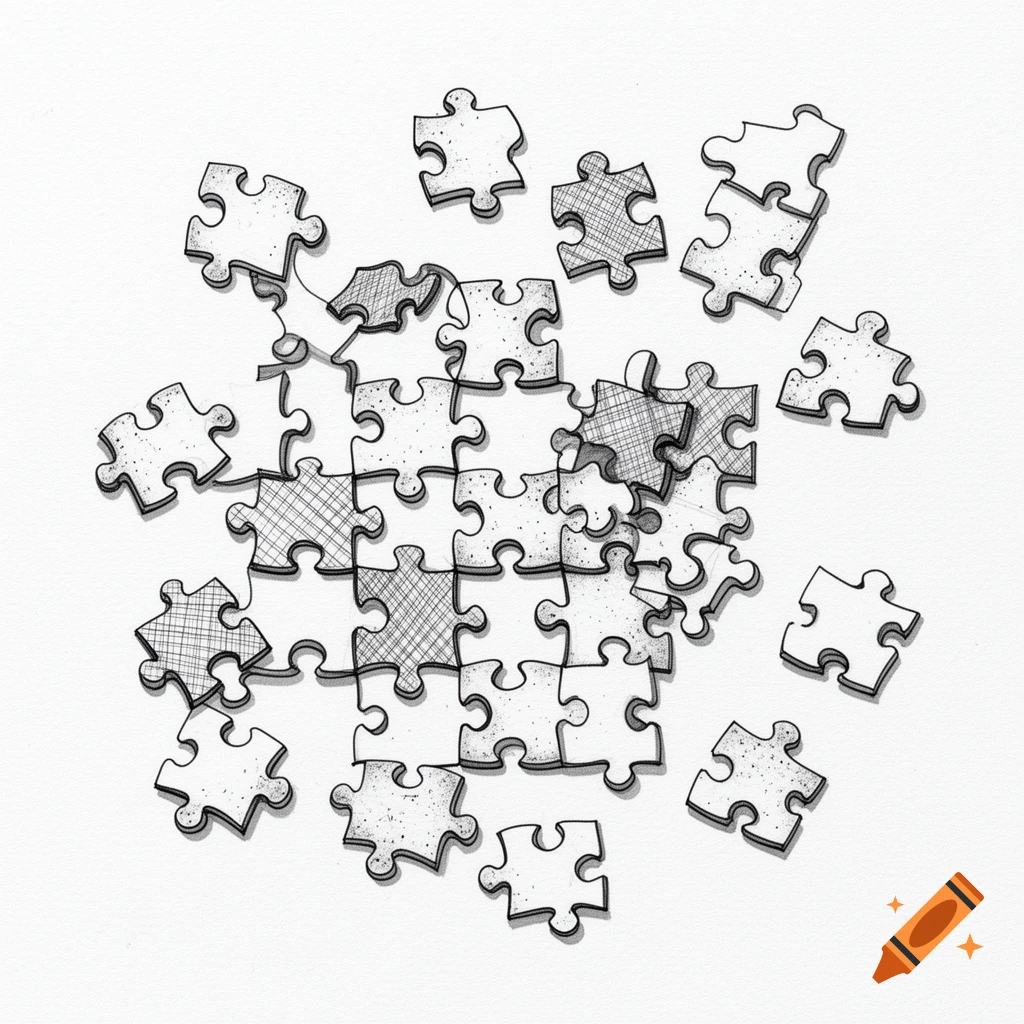 A black and white drawing of a pile of scattered jigsaw puzzle pieces from an overhead view.