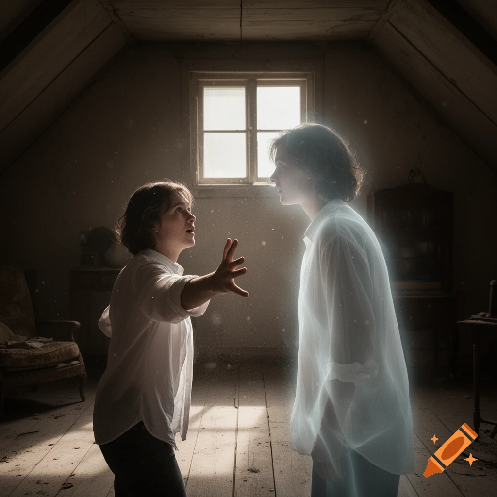 A person reaches out to a glowing, spectral figure in a dusty, dimly lit attic, light streaming from a window.