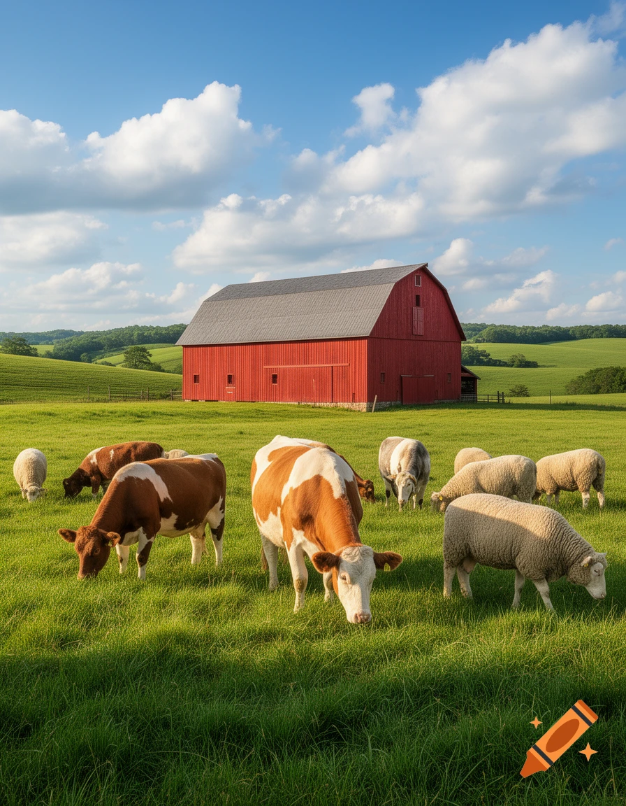 Cows and sheep graze in a lush green pasture with a prominent red barn under a blue sky with white clouds.