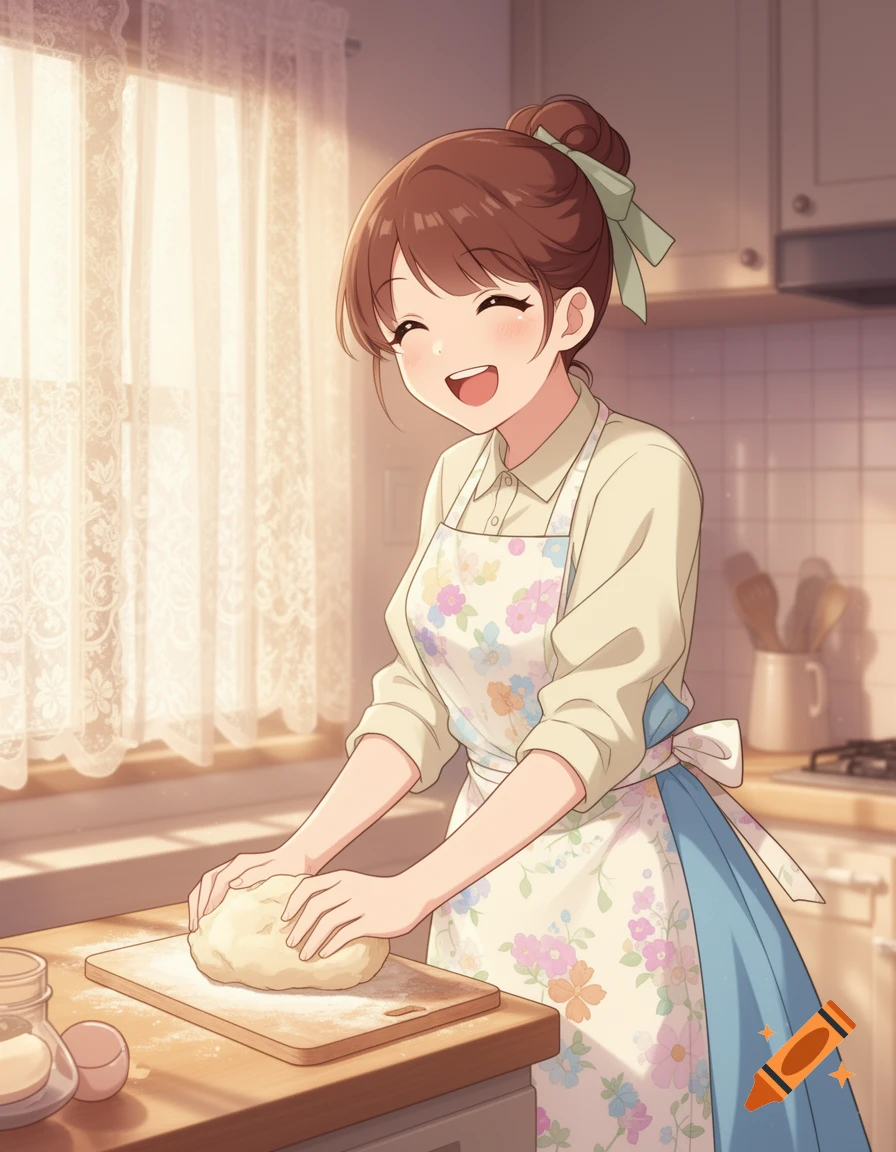 An anime housewife smiling and kneading dough on a wooden board in a sunny kitchen.