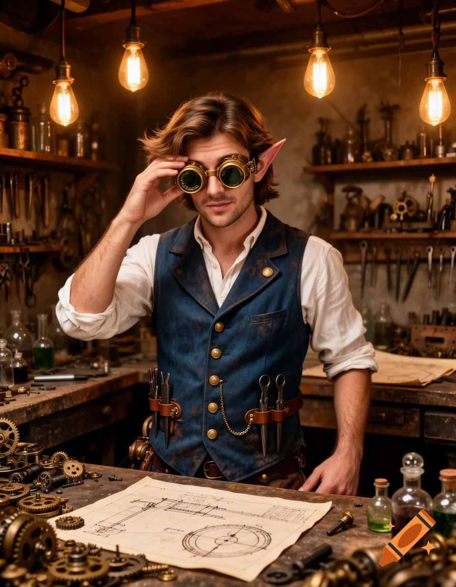 A male elf artificer with brown hair and steampunk goggles looks up in a cluttered workshop with warm lighting.