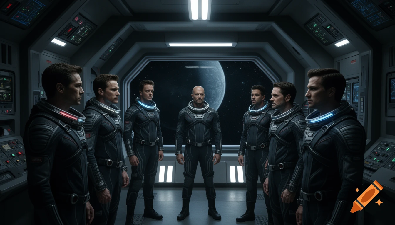 Six men in futuristic dark grey space suits with glowing collars stand in a spaceship bridge, with a large window showing a planet and stars.