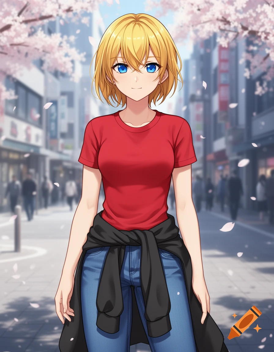 Anime drawing of a blonde girl in a red shirt, blue jeans, and black sweatshirt tied at her waist, on a city street with cherry blossoms.