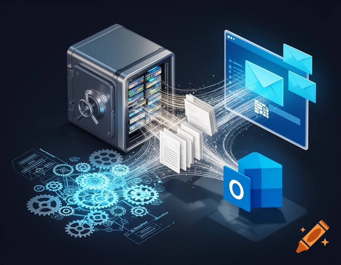 An isometric illustration showing data flowing from a secure safe into folders, a browser window with emails, and an Outlook icon, with gears and blueprint schematics below.
