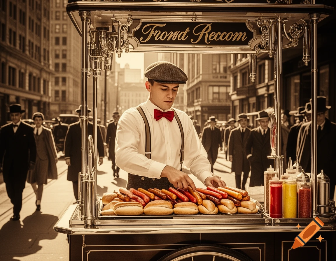 A man in a 1920s flat cap, white shirt, and red bow tie works at a hot dog stand on a busy sepia-toned city street.