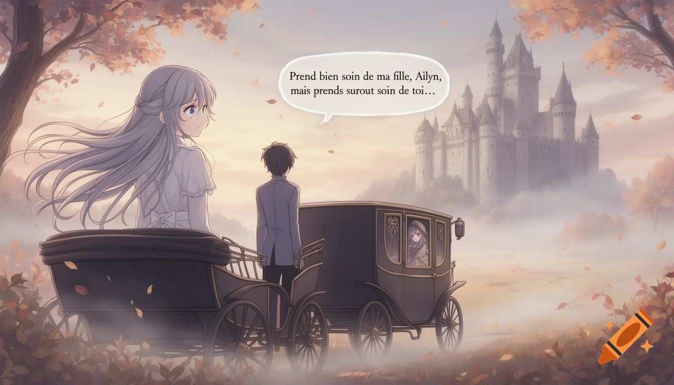 An anime-style scene with a sad girl in a carriage, a boy standing beside it, and a grand castle in the foggy background during autumn. A speech bubble reads, "Prend bien soin de ma fille, Ailyn, mais prends surout soin de toi..."