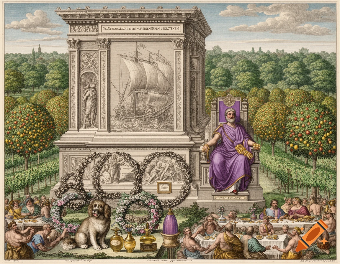 An ornate classical illustration of a king on a throne by a monument, surrounded by people feasting, orange trees, and a dog with perfume bottles. The monument features ships and engraved figures.