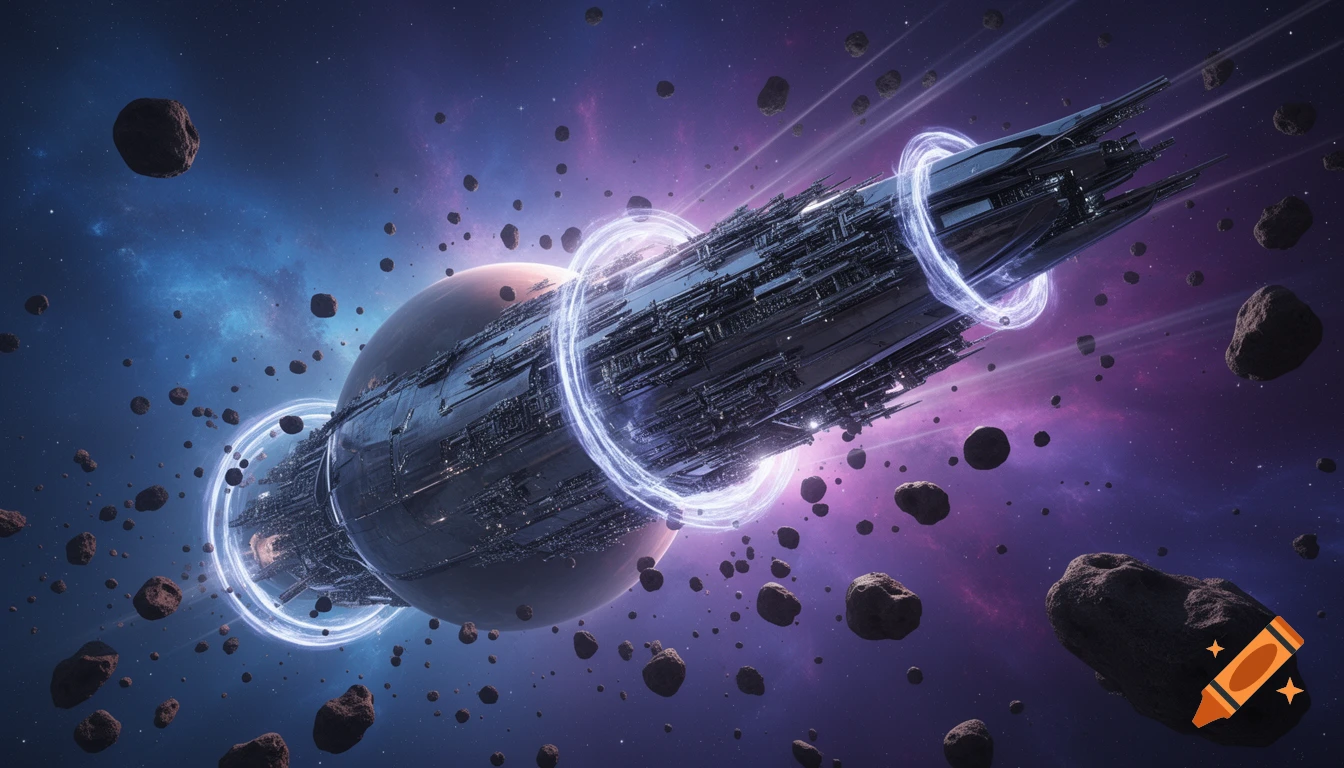 An enormous, detailed futuristic spaceship with glowing rings cruises through a meteor belt in a vibrant purple and blue nebula.