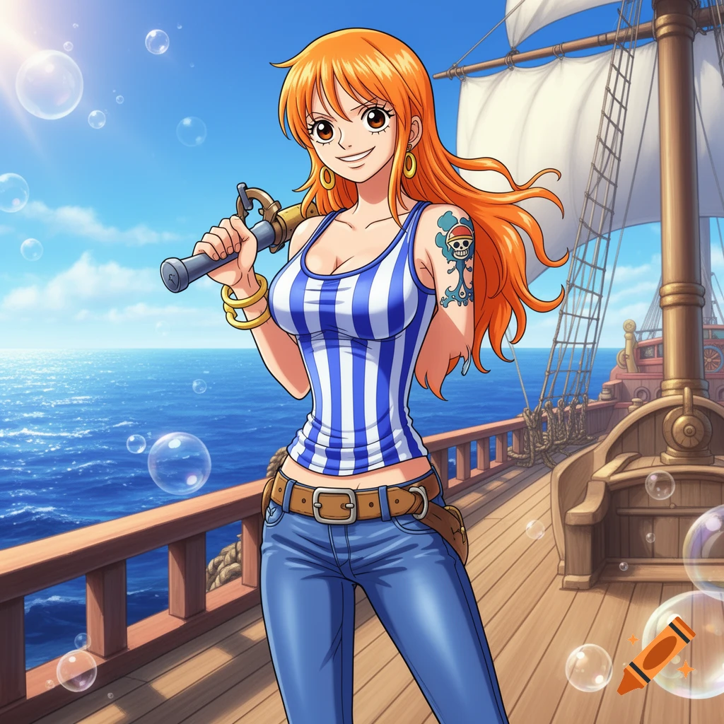 Anime-style Nami from One Piece stands on a ship's deck, holding a staff, smiling, with ocean and blue sky background.