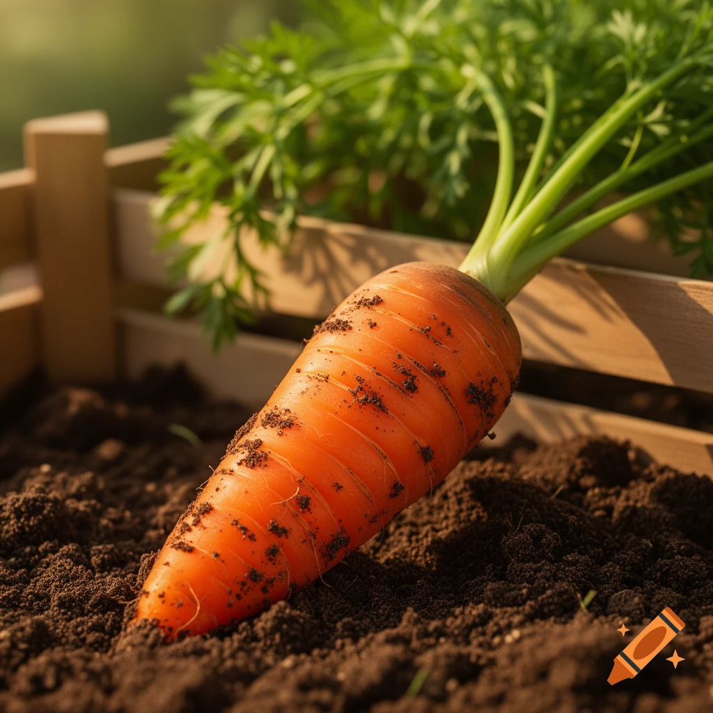 A photorealistic close-up of a fresh carrot partially buried in rich brown soil, with green leaves and a wooden crate in the background.