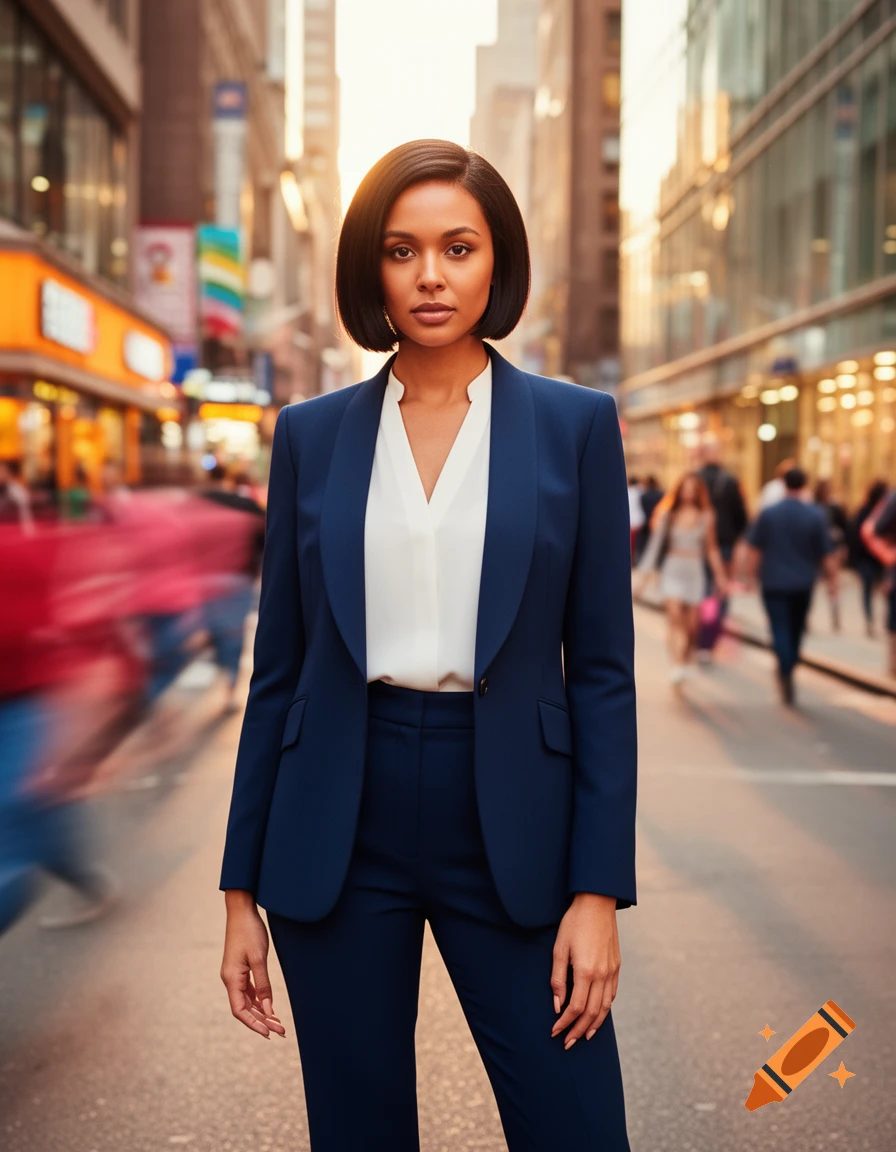 A woman with short dark hair in a navy blue suit and white blouse stands confidently on a busy city street at sunset.