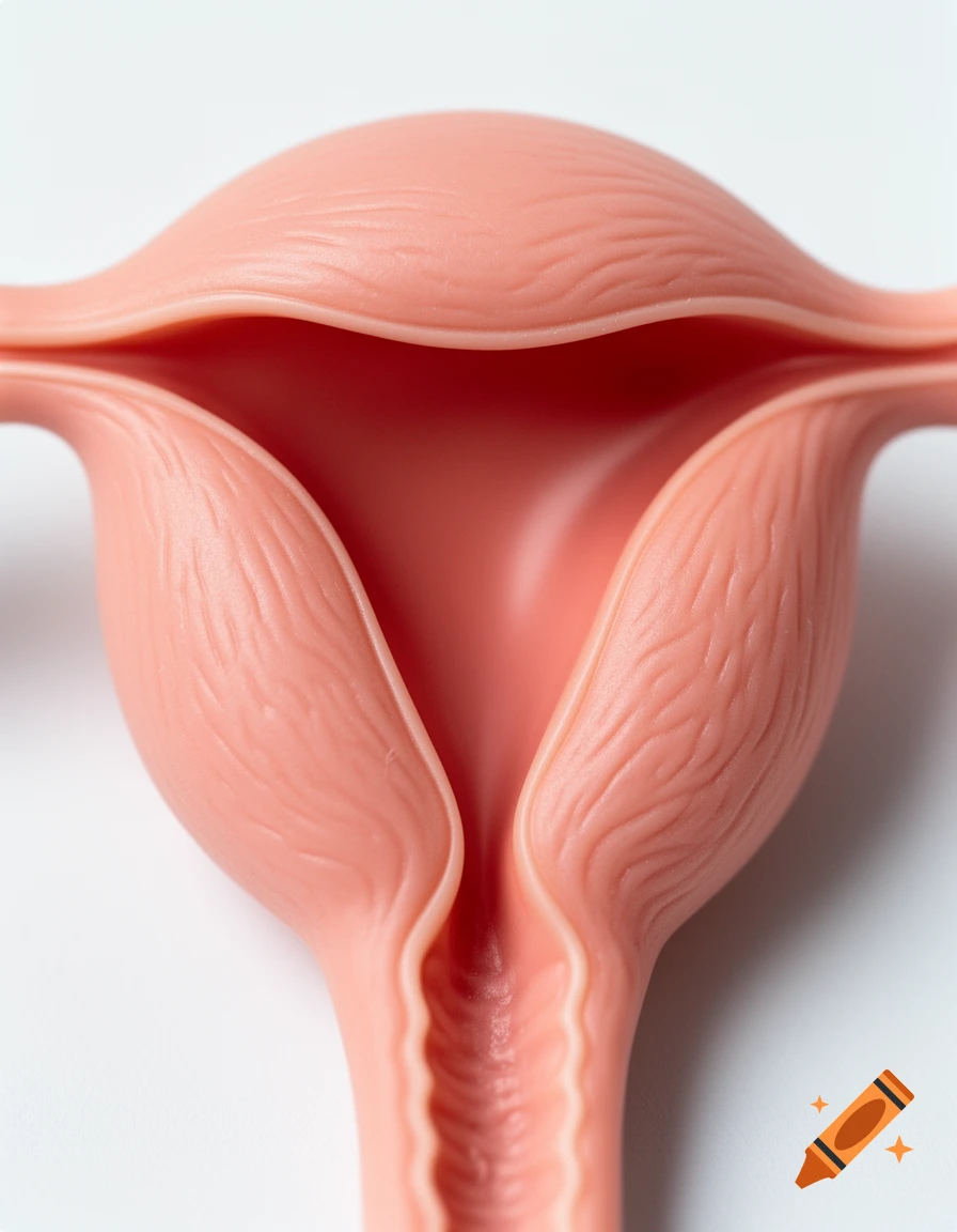 Close-up shot of a pink anatomical model of a human uterus, set against a white background.