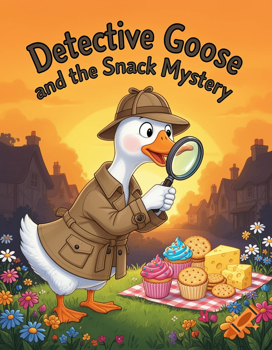 Cartoon goose detective in a trench coat examines snacks on a picnic blanket, book cover 'Detective Goose and the Snack Mystery'.