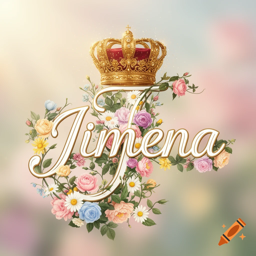 The name 'Jimena' in elegant script, adorned with a golden crown and colorful flowers.