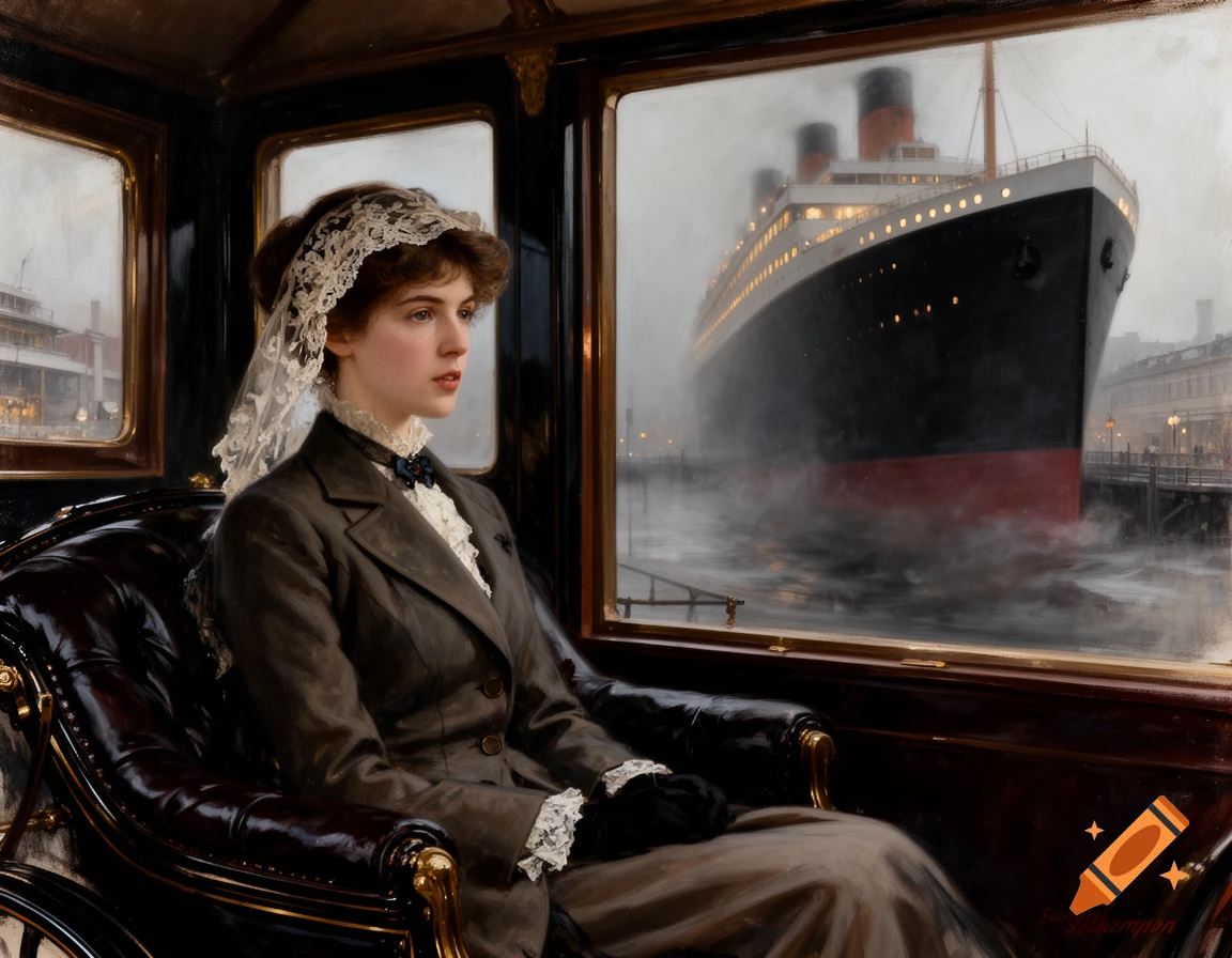 Young woman in an elegant 1912 carriage, looking out the window at the towering, foggy hull of the Titanic, painted in an Edwardian style.