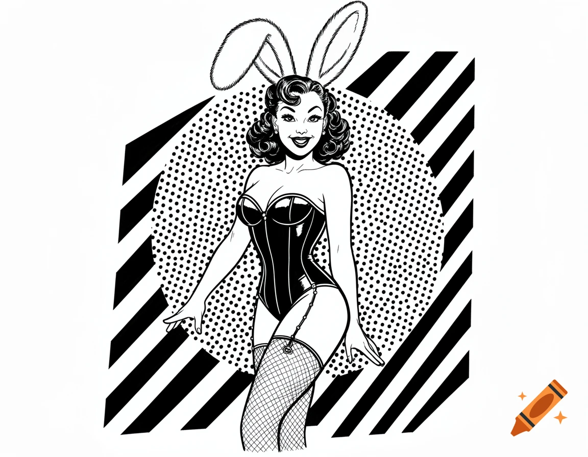 Black and white pop art illustration of a smiling pinup bunny girl in a corset, garters, and fishnets.