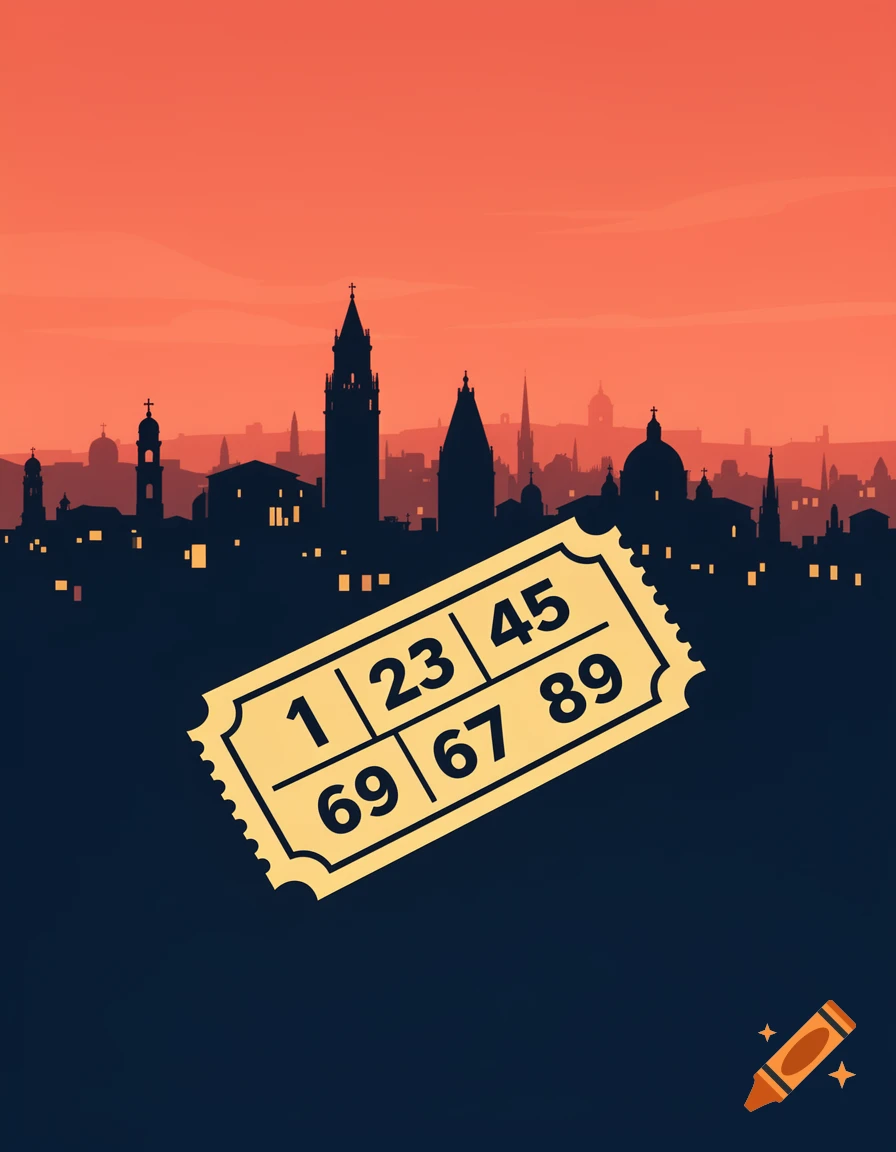 A graphic illustration of a lottery ticket floating above a dark city skyline at sunset.